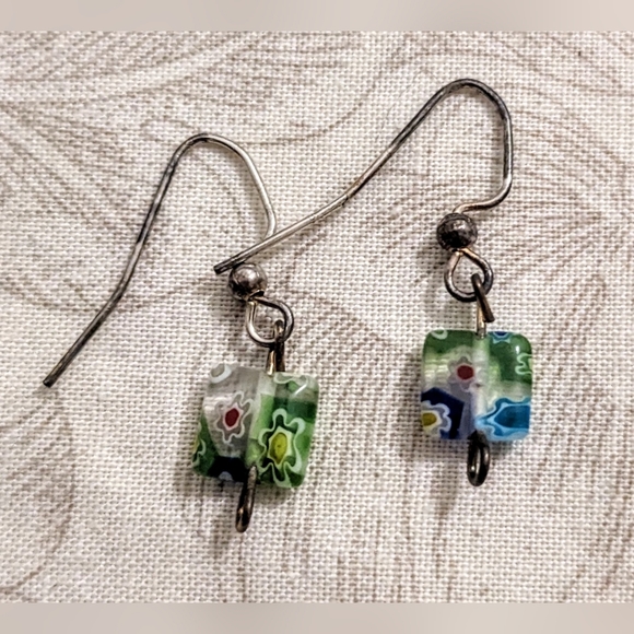 Floral Blue and Green Transparent Cube Bead Hook Earrings - Picture 2 of 3